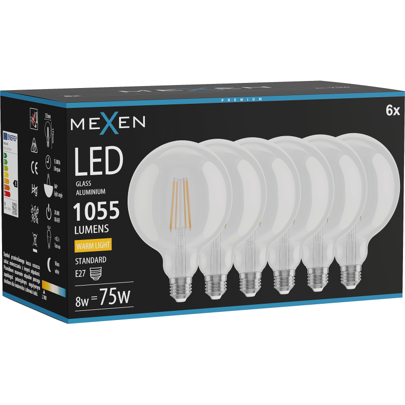 Mexen Vintis 6x LED gijų lemputė E27, G125, 8W, Šilta - 2700K, 1055 lm, skaidri - L158-E27-0827-00x06