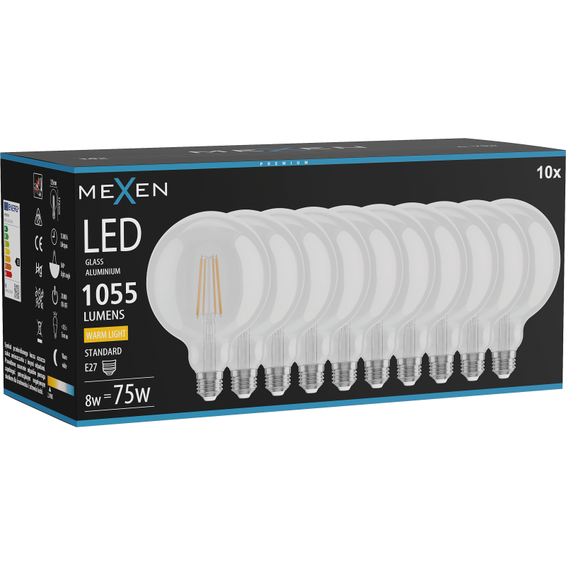 Mexen Vintis 10x Kietrioji LED lemputė E27, G125, 8W, šilta - 2700K, 1055 lm, skaidri - L158-E27-0827-00x10