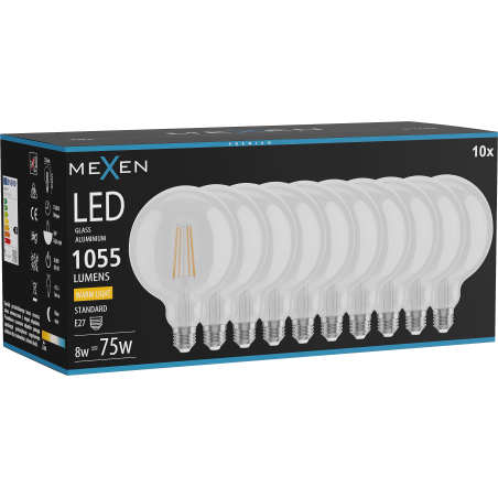 Mexen Vintis 10x Kietrioji LED lemputė E27, G125, 8W, šilta - 2700K, 1055 lm, skaidri - L158-E27-0827-00x10