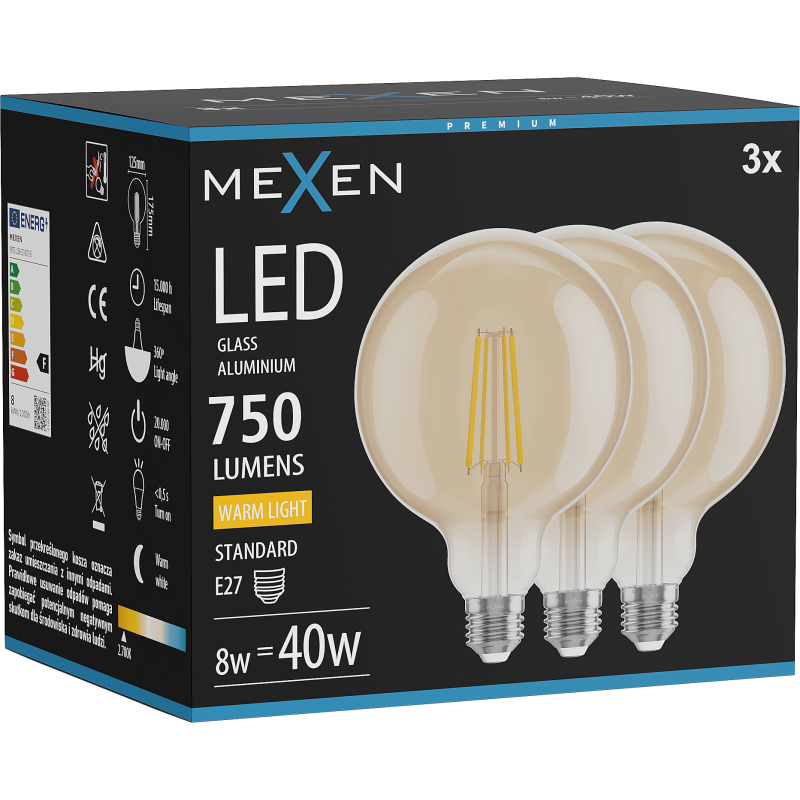 Mexen Vintis 3x LED kaitinamoji lempa E27, G125, 8W, Šilta - 2700K, 750 lm, gintarinė - L158-E27-0827-50x03