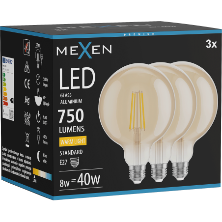 Mexen Vintis 3x LED kaitinamoji lempa E27, G125, 8W, Šilta - 2700K, 750 lm, gintarinė - L158-E27-0827-50x03