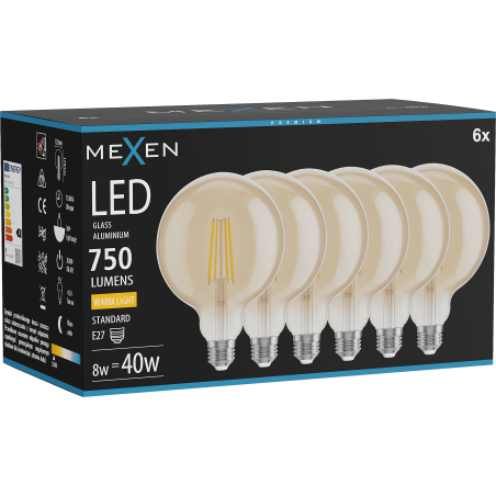 Mexen Vintis 6x kaitrinė LED lemputė E27, G125, 8W, Šilta - 2700K, 750 lm, gintarinė - L158-E27-0827-50x06