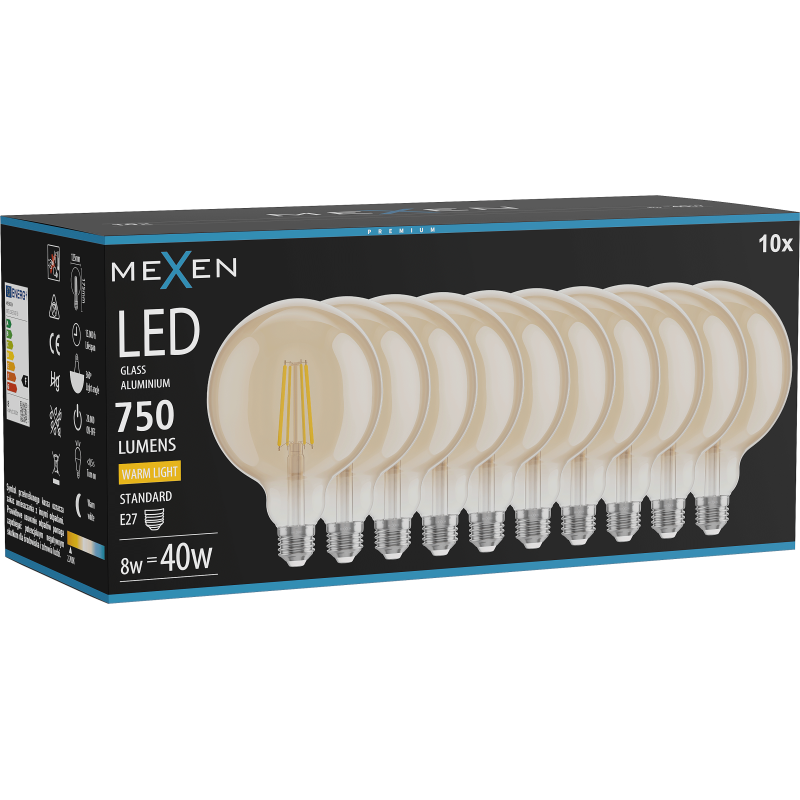 Mexen Vintis 10x kaitinamoji LED lemputė E27, G125, 8W, Šilta - 2700K, 750 lm, gintarinė - L158-E27-0827-50x10