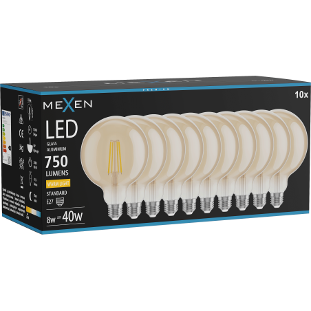 Mexen Vintis 10x kaitinamoji LED lemputė E27, G125, 8W, Šilta - 2700K, 750 lm, gintarinė - L158-E27-0827-50x10