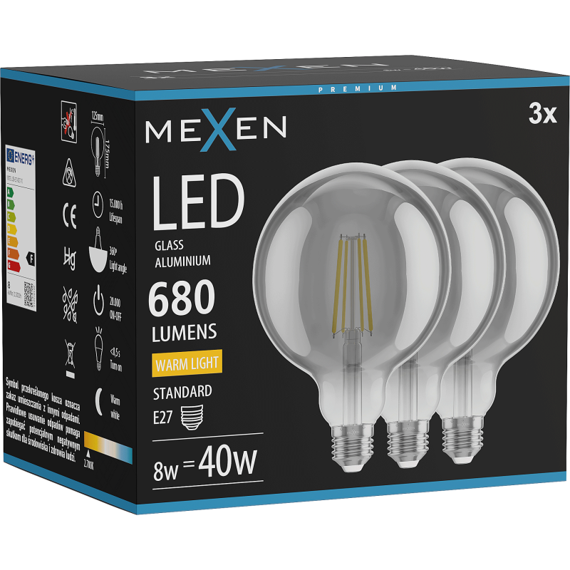 Mexen Vintis 3x LED siūlų lemputė E27, G125, 8W, Šilta - 2700K, 680 lm, dūminė - L158-E27-0827-70x03