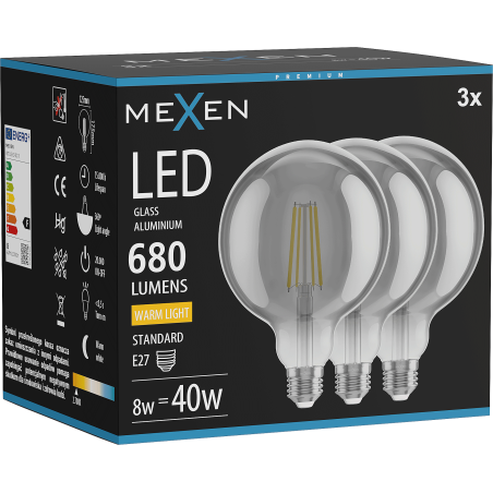 Mexen Vintis 3x LED siūlų lemputė E27, G125, 8W, Šilta - 2700K, 680 lm, dūminė - L158-E27-0827-70x03