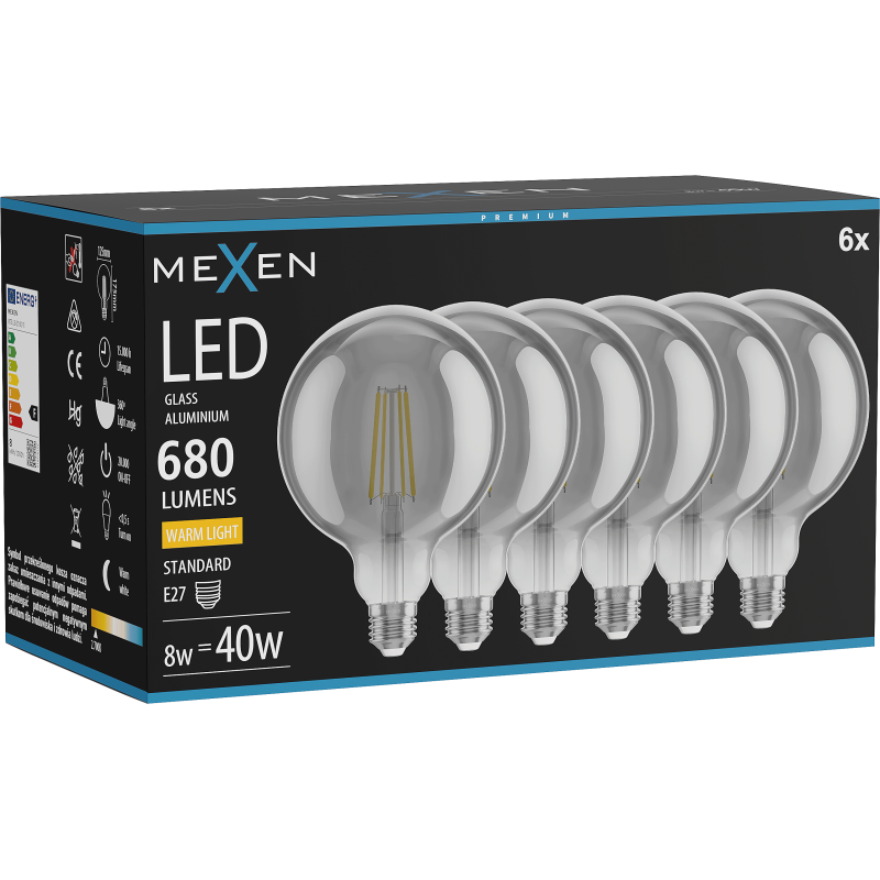 Mexen Vintis 6x LED filamentinė lemputė E27, G125, 8W, šilta - 2700K, 680 lm, dūmo - L158-E27-0827-70x06