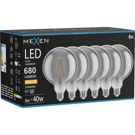 Mexen Vintis 6x LED filamentinė lemputė E27, G125, 8W, šilta - 2700K, 680 lm, dūmo - L158-E27-0827-70x06