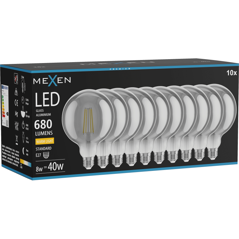 Mexen Vintis 10x LED lemputė E27, G125, 8W, šilta - 2700K, 680 lm, dūminė - L158-E27-0827-70x10