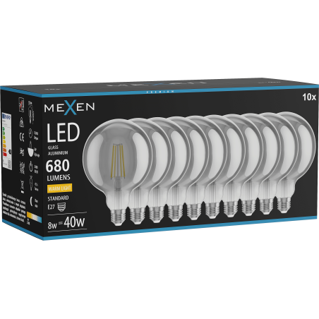 Mexen Vintis 10x LED lemputė E27, G125, 8W, šilta - 2700K, 680 lm, dūminė - L158-E27-0827-70x10