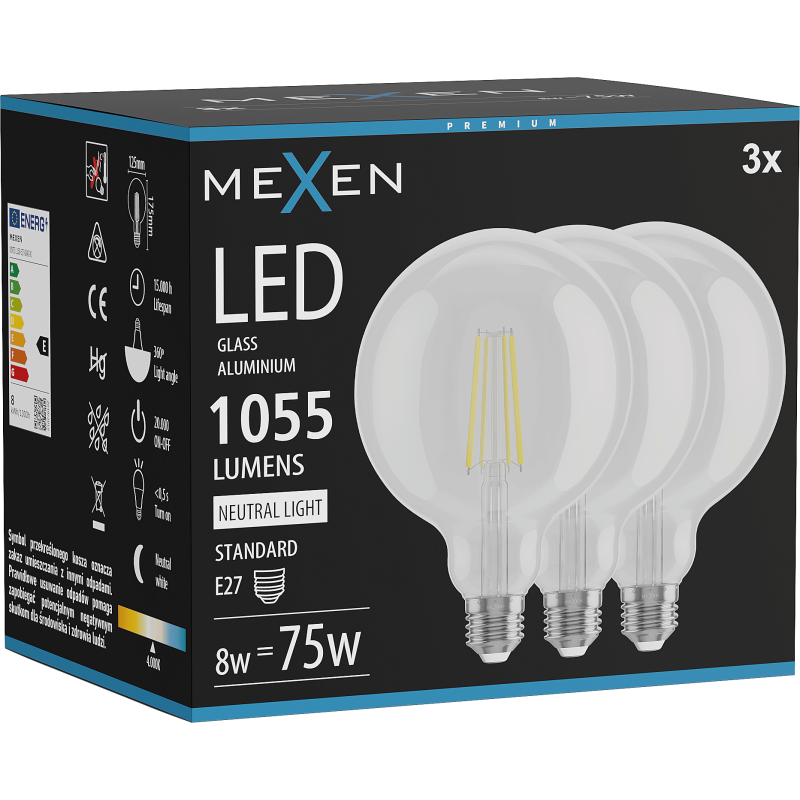 Mexen Vintis 3x LED gijų lemputė E27, G125, 8W, Neutralus - 4000K, 1055 lm, skaidrus - L158-E27-0840-00x03