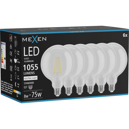 Mexen Vintis 6x LED siūlelio lemputė E27, G125, 8W, Neutrali - 4000K, 1055 lm, skaidri - L158-E27-0840-00x06