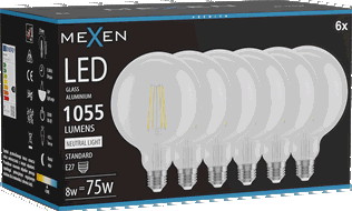 Mexen Vintis 6x LED siūlelio lemputė E27, G125, 8W, Neutrali - 4000K, 1055 lm, skaidri - L158-E27-0840-00x06