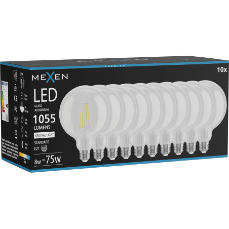 Mexen Vintis 10x LED gijų lemputė E27, G125, 8W, neutrali - 4000K, 1055 lm, skaidri - L158-E27-0840-00x10