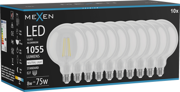 Mexen Vintis 10x LED gijų lemputė E27, G125, 8W, neutrali - 4000K, 1055 lm, skaidri - L158-E27-0840-00x10