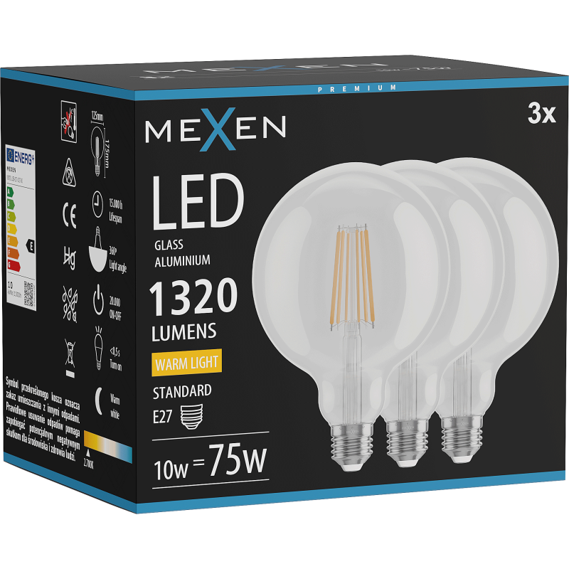 Mexen Vintis 3x LED filamentinė lemputė E27, G125, 10W, Šilta - 2700K, 1320 lm, skaidri - L158-E27-1027-00x03