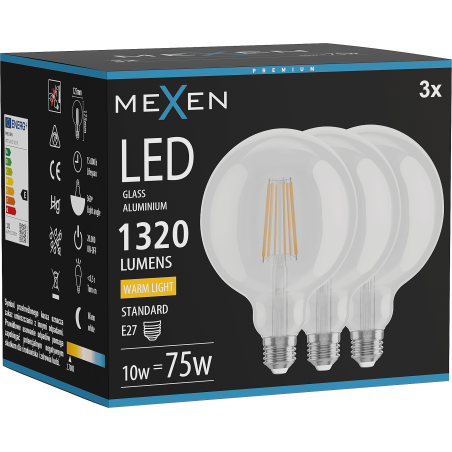 Mexen Vintis 3x LED filamentinė lemputė E27, G125, 10W, Šilta - 2700K, 1320 lm, skaidri - L158-E27-1027-00x03