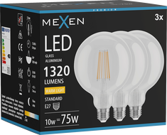 Mexen Vintis 3x LED filamentinė lemputė E27, G125, 10W, Šilta - 2700K, 1320 lm, skaidri - L158-E27-1027-00x03
