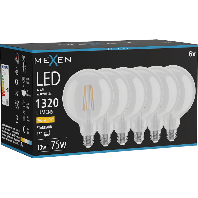 Mexen Vintis 6x kaitrinė LED lemputė E27, G125, 10W, Šilta - 2700K, 1320 lm, skaidri - L158-E27-1027-00x06