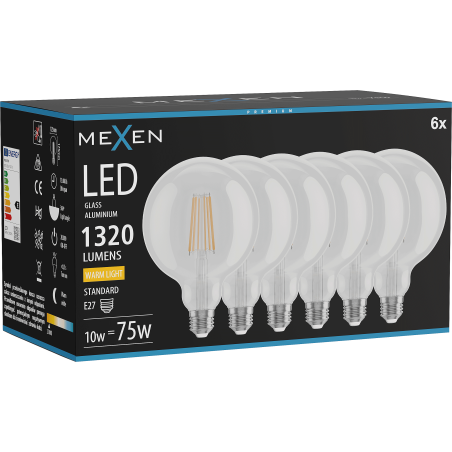 Mexen Vintis 6x kaitrinė LED lemputė E27, G125, 10W, Šilta - 2700K, 1320 lm, skaidri - L158-E27-1027-00x06