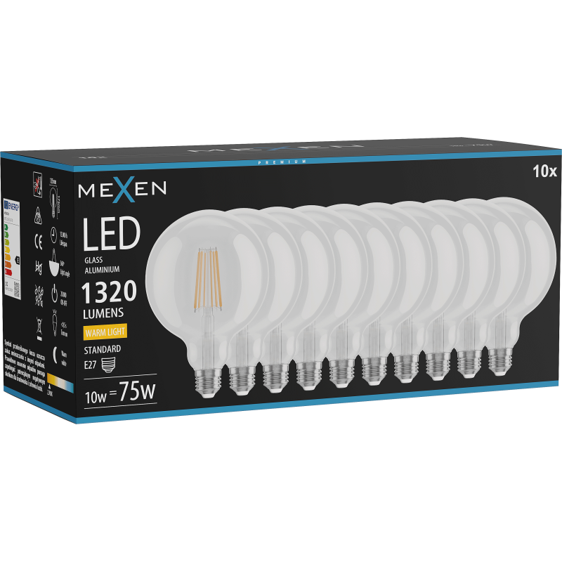 Mexen Vintis 10x LED siūlelio lemputė E27, G125, 10W, Šilta - 2700K, 1320 lm, skaidri - L158-E27-1027-00x10
