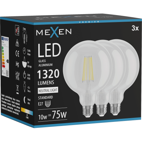 Mexen Vintis 3x LED siūlelio lemputė E27, G125, 10W, Neutrali - 4000K, 1320 lm, skaidri - L158-E27-1040-00x03