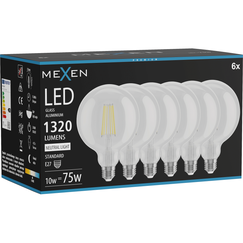 Mexen Vintis 6x filamento LED lemputė E27, G125, 10W, Neutralus - 4000K, 1320 lm, skaidrus - L158-E27-1040-00x06