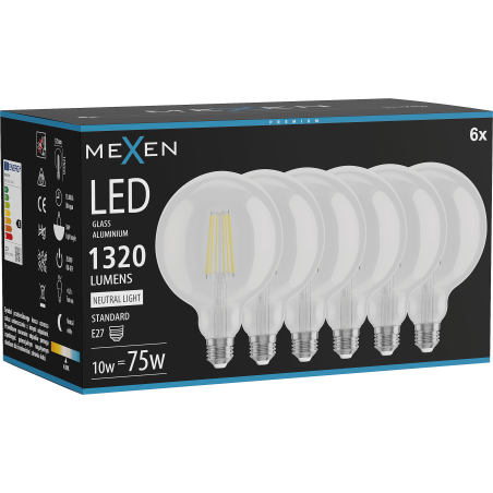 Mexen Vintis 6x filamento LED lemputė E27, G125, 10W, Neutralus - 4000K, 1320 lm, skaidrus - L158-E27-1040-00x06