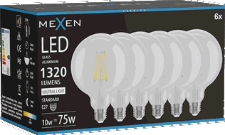 Mexen Vintis 6x filamento LED lemputė E27, G125, 10W, Neutralus - 4000K, 1320 lm, skaidrus - L158-E27-1040-00x06