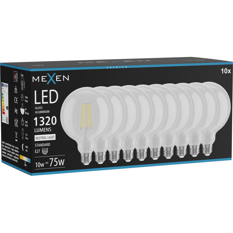 Mexen Vintis 10x LED filamentinė lemputė E27, G125, 10W, Neutralus - 4000K, 1320 lm, skaidri - L158-E27-1040-00x10