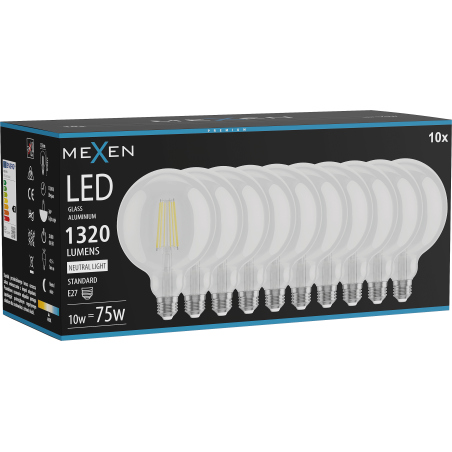 Mexen Vintis 10x LED filamentinė lemputė E27, G125, 10W, Neutralus - 4000K, 1320 lm, skaidri - L158-E27-1040-00x10