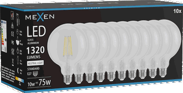 Mexen Vintis 10x LED filamentinė lemputė E27, G125, 10W, Neutralus - 4000K, 1320 lm, skaidri - L158-E27-1040-00x10