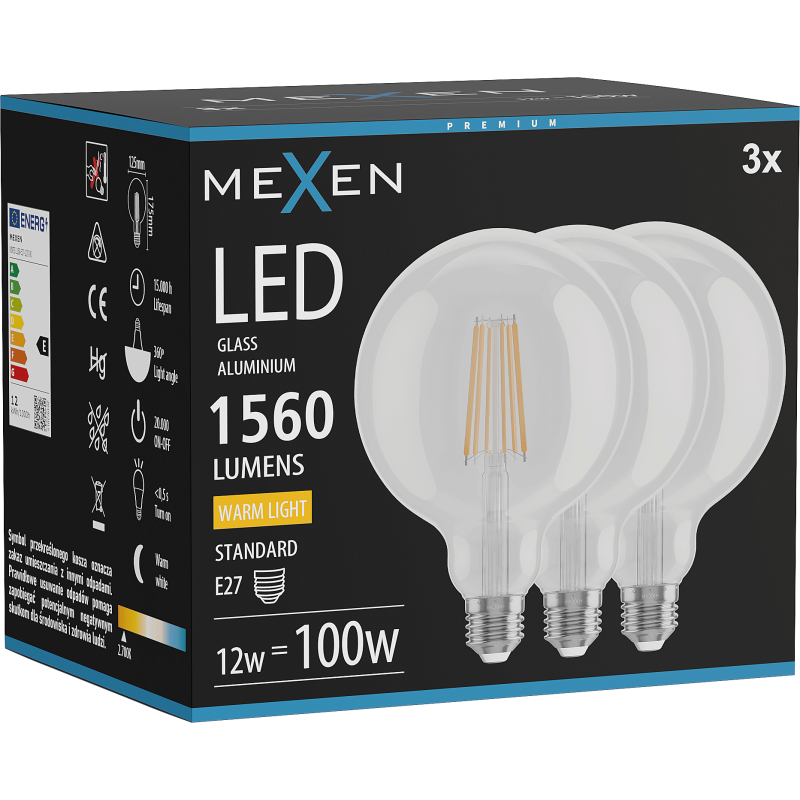 Mexen Vintis 3x LED gijų lemputė E27, G125, 12W, Šilta - 2700K, 1560 lm, skaidri - L158-E27-1227-00x03
