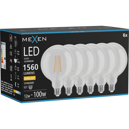 Mexen Vintis 6x LED gijų lemputė E27, G125, 12W, Šiltas - 2700K, 1560 lm, skaidrus - L158-E27-1227-00x06