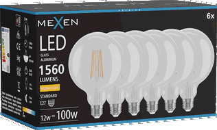 Mexen Vintis 6x LED gijų lemputė E27, G125, 12W, Šiltas - 2700K, 1560 lm, skaidrus - L158-E27-1227-00x06