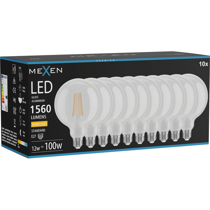 Mexen Vintis 10x kaitinamosios LED lemputės E27, G125, 12W, Šilta - 2700K, 1560 lm, skaidri - L158-E27-1227-00x10