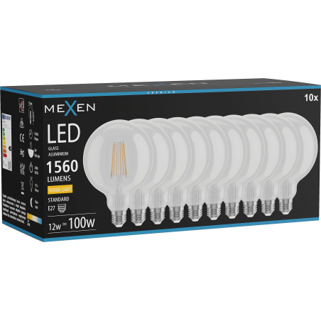 Mexen Vintis 10x kaitinamosios LED lemputės E27, G125, 12W, Šilta - 2700K, 1560 lm, skaidri - L158-E27-1227-00x10