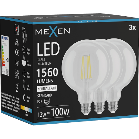 Mexen Vintis 3x LED siūlų kaitinimo lempa E27, G125, 12W, Neutrali - 4000K, 1560 lm, skaidri - L158-E27-1240-00x03