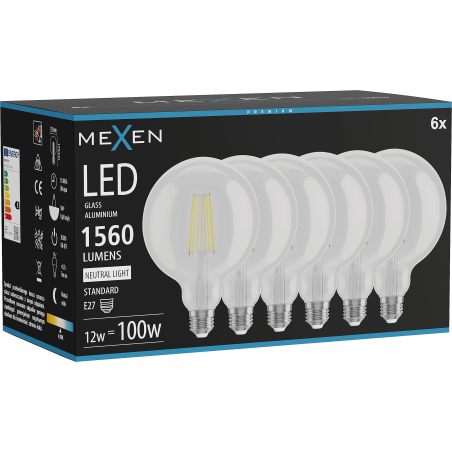 Mexen Vintis 6x LED siūlo lemputė E27, G125, 12W, Neutralus - 4000K, 1560 lm, skaidrus - L158-E27-1240-00x06