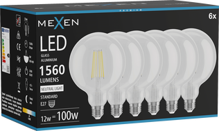 Mexen Vintis 6x LED siūlo lemputė E27, G125, 12W, Neutralus - 4000K, 1560 lm, skaidrus - L158-E27-1240-00x06