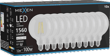 Mexen Vintis 10x LED siūlelis lemputė E27, G125, 12W, Neutralus - 4000K, 1560 lm, skaidrus - L158-E27-1240-00x10