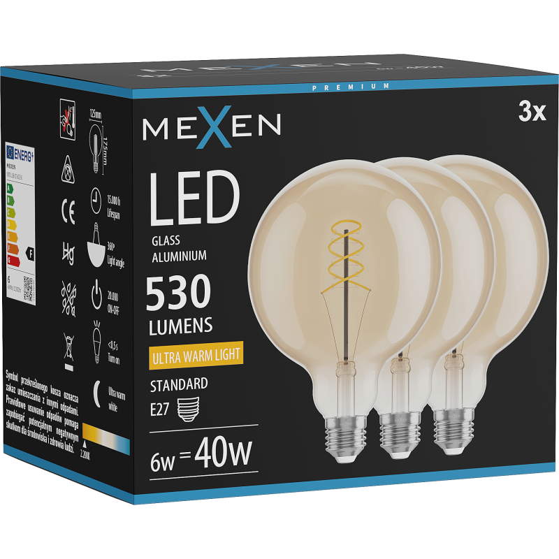 Mexen Vintis 3x kaitinamoji spiralės LED lemputė E27, G125, 6W, Šilta - 2200K, 530 lm, gintarinė - L168-E27-0622-50x03