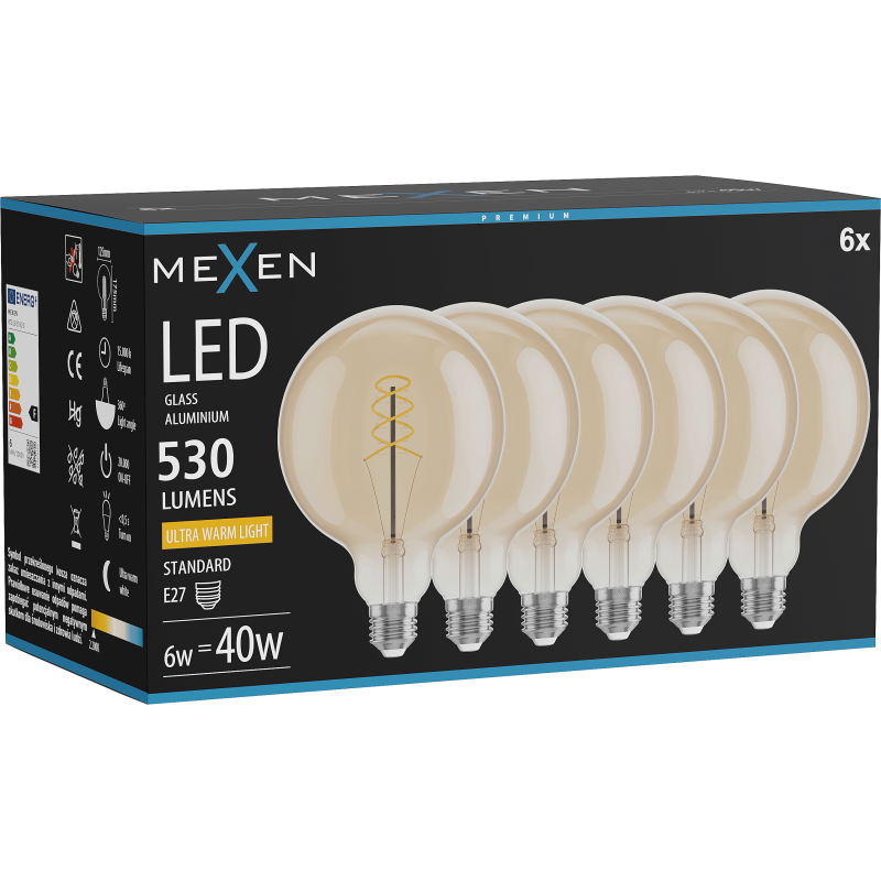 Mexen Vintis 6x LED kaitrinė spiralė lemputė E27, G125, 6W, Šilta - 2200K, 530 lm, gintarinė - L168-E27-0622-50x06