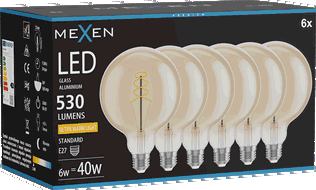 Mexen Vintis 6x LED kaitrinė spiralė lemputė E27, G125, 6W, Šilta - 2200K, 530 lm, gintarinė - L168-E27-0622-50x06