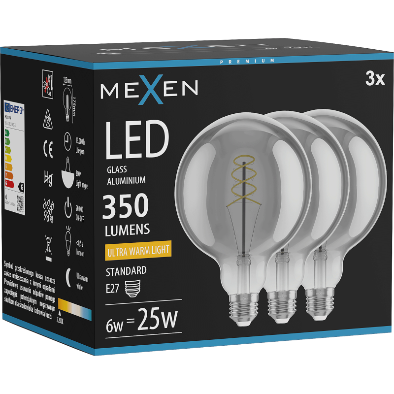 Mexen Vintis 3x LED spiralinė kaitrinė lemputė E27, G125, 6W, šilta - 2200K, 350 lm, dūminė - L168-E27-0622-70x03
