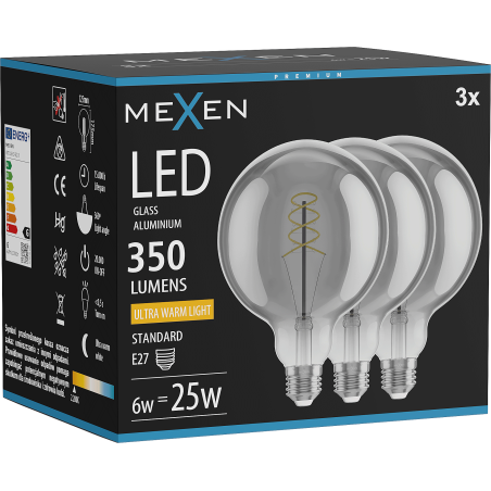 Mexen Vintis 3x LED spiralinė kaitrinė lemputė E27, G125, 6W, šilta - 2200K, 350 lm, dūminė - L168-E27-0622-70x03