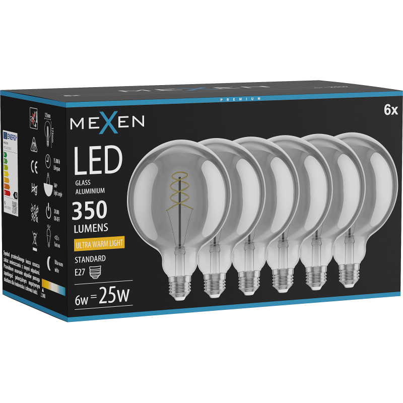 Mexen Vintis 6x kaitinimo spiralės LED lemputė E27, G125, 6W, Šilta - 2200K, 350 lm, smoke - L168-E27-0622-70x06