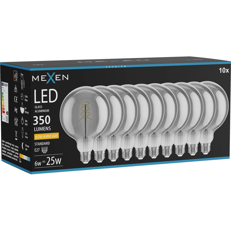 Mexen Vintis 10x lemputė LED spiralė E27, G125, 6W, Šilta - 2200K, 350 lm, dūminė - L168-E27-0622-70x10