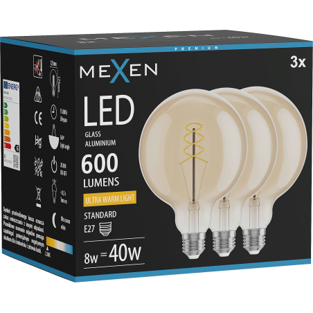 Mexen Vintis 3x LED spiralinė kaitinamoji lemputė E27, G125, 8W, Šilta - 2200K, 600 lm, gintarinė - L168-E27-0822-50x03
