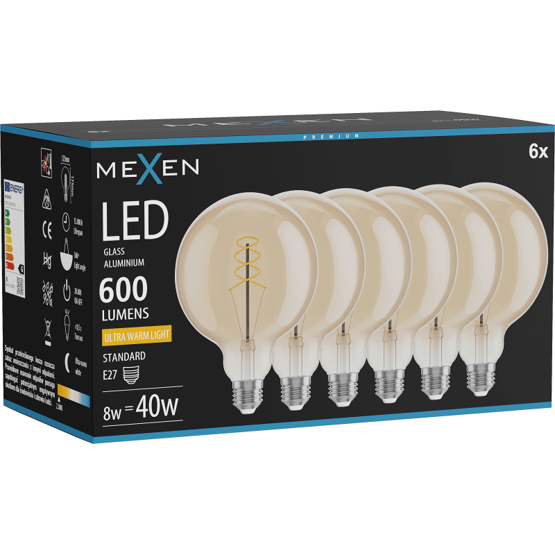 Mexen Vintis 6x LED gijų lemputė spirale E27, G125, 8W, Šilta - 2200K, 600 lm, gintarinė - L168-E27-0822-50x06